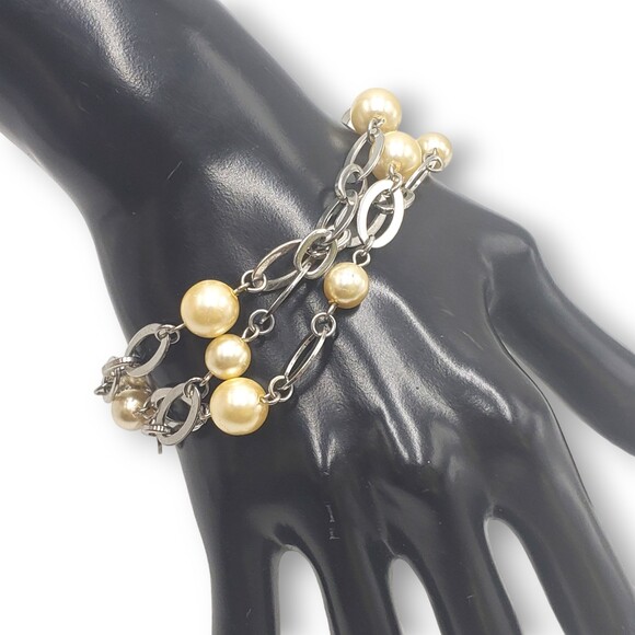 Silver Tone Multi Strand Bracelet Faux Pearl Beads - Picture 1 of 5